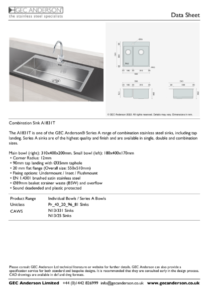 GEC Anderson Data Sheet - Series A sink: A1831T