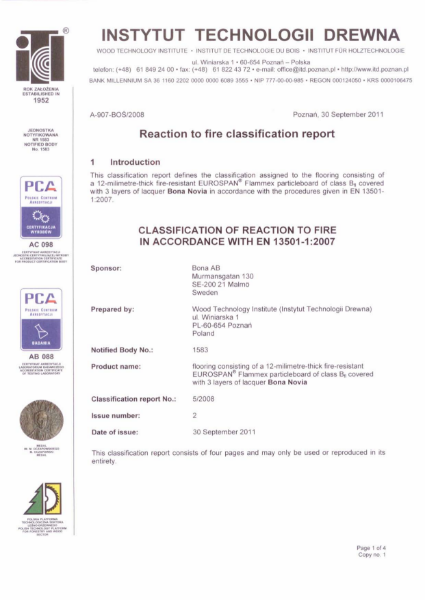 Bona Novia - EN13501-1 Reaction to Fire Classification Report