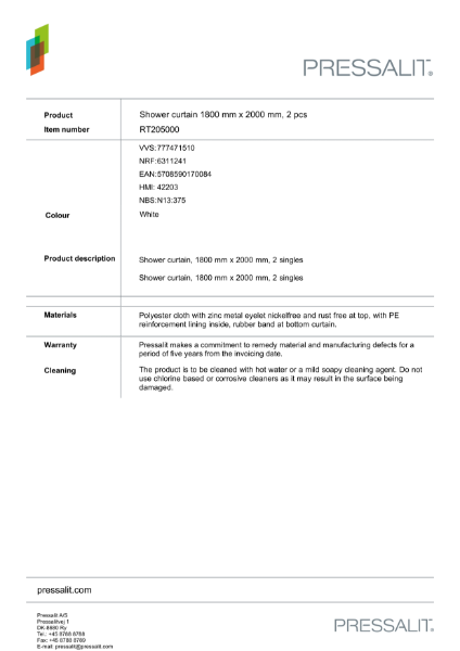 Shower curtain technical data sheet