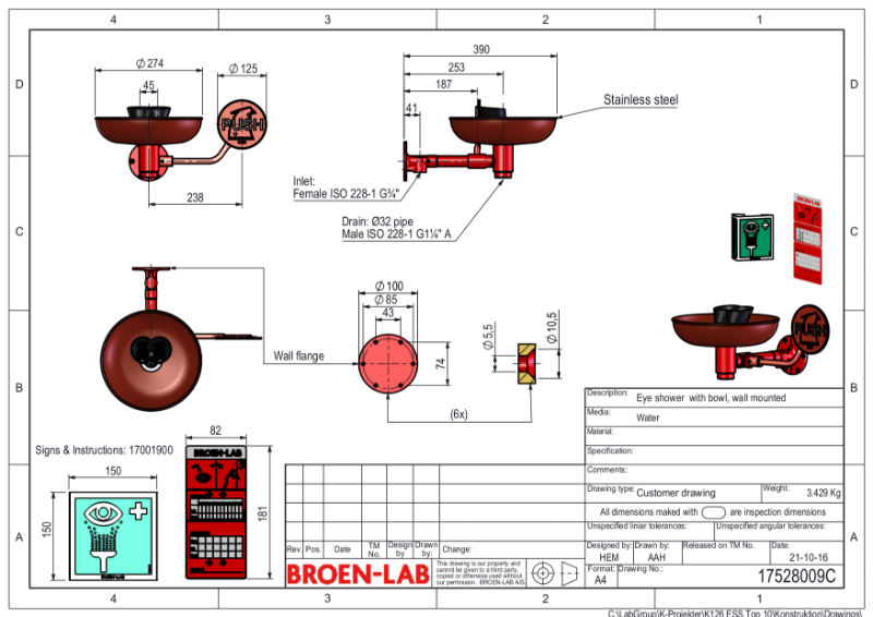 Wall Mounted Emergency Eyewash, exposed piping TDS