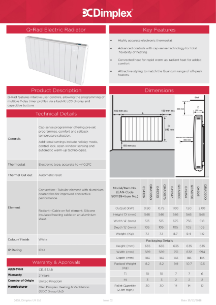 Q-Rad Electric Radiator Spec Sheet