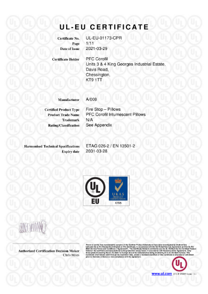 PFC Corofil Intumescent Pillows CIPI - UL-EU Certificate: 01173-CPR