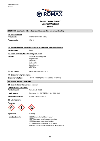 Giromax® Wallcoat (Base and Hardener) - Safety Data Sheet