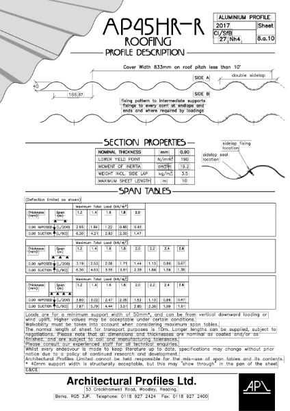 45HR-R -Aluminium - Roofing Data Sheet