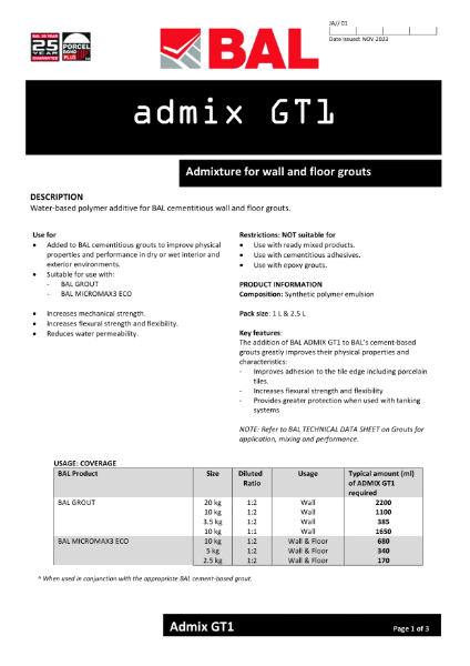 BAL Admix GT1 Technical Datasheet