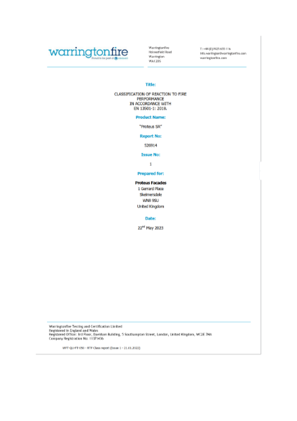 Fire classification EN13501-1 - Proteus SR