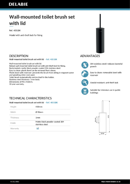 Black wall-mounted toilet brush set
with lid Data Sheet - 4051BK