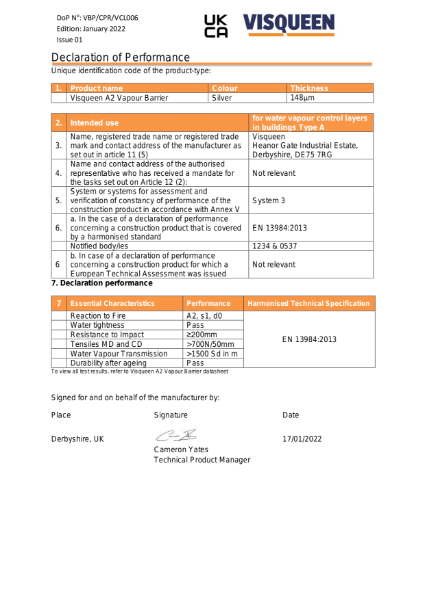 VCL UKCA Visqueen A2 Vapour Barrier Declaration of Performance