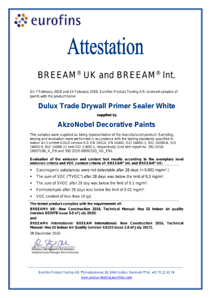 Dulux Trade Drywall Primer Sealer BREEAM Assestation