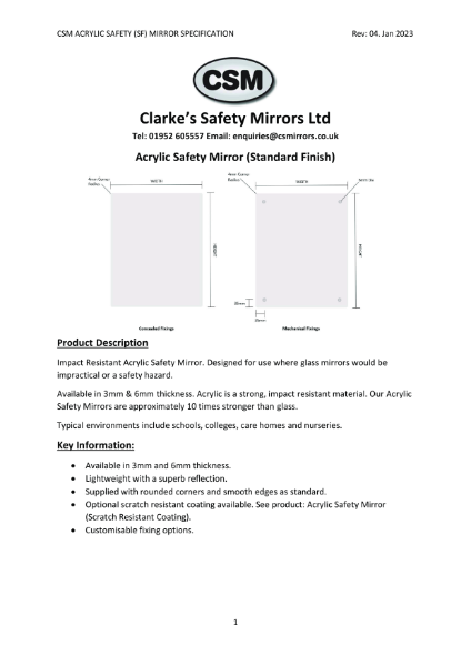 CSM Acrylic Safety Mirror (SF) Specification Rev04