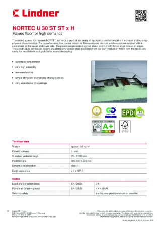 Calcium sulphate raised access floor - NORTEC - U 30 ST ST H - Data Sheet