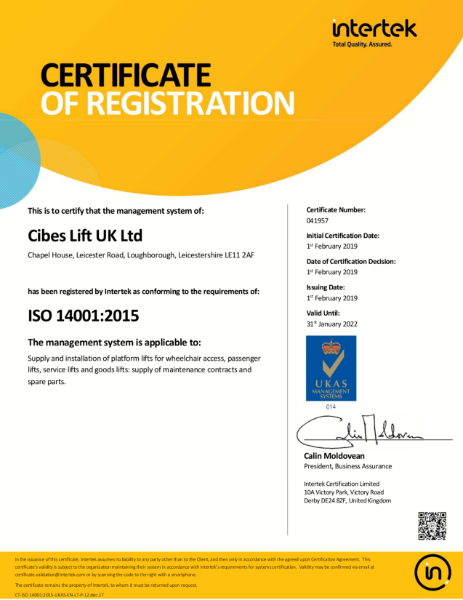 Cibes Lift UK ISO 14001