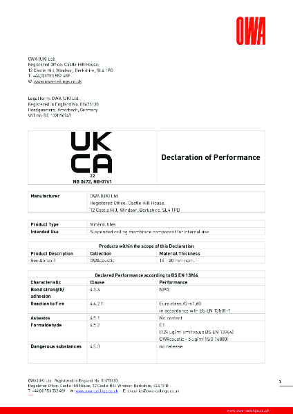OWAcoustic Mineral Tiles DoP - Level 1