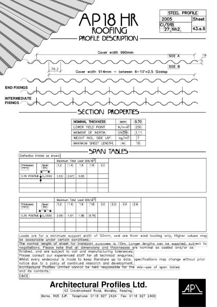 AP18HR - Steel - Roofing Data Sheet