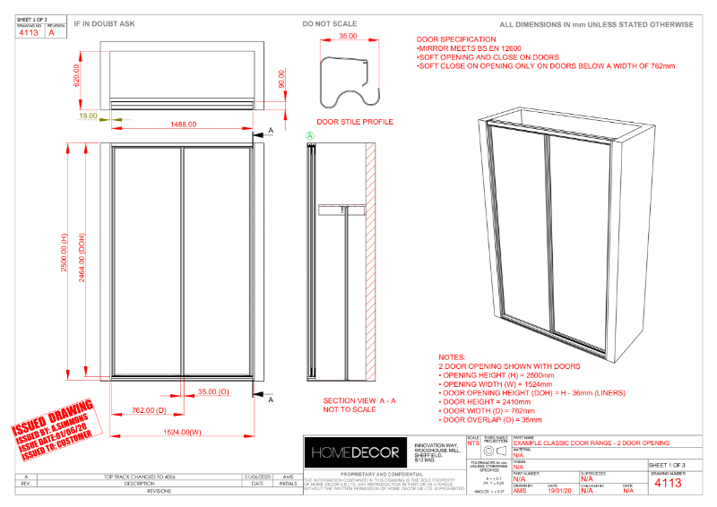 Technical Drawing for 2 Door Classic Wardrobe with Standard internal Shelf and Rail