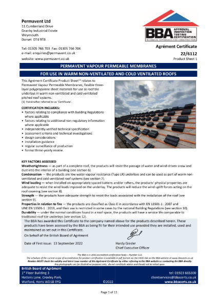 Permavent vapour permeable membranes  warm non - ventilated roof BBA