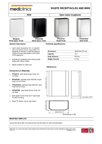 Washroom Waste Bin Spec Sheet - Mediclinics Open Bin PPA2279_B_C_CS