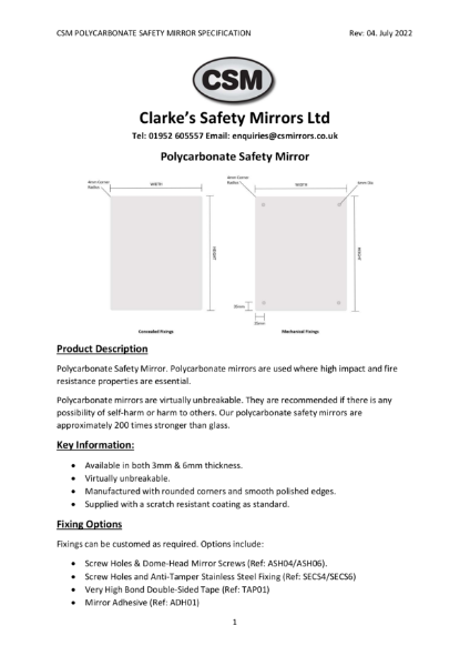 CSM Polycarbonate Safety Mirror Specification Rev04