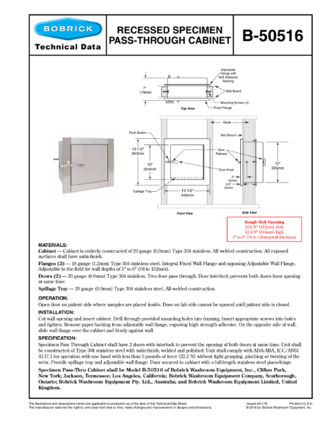 Recessed Specimen Pass‑through Cabinet - B-50516