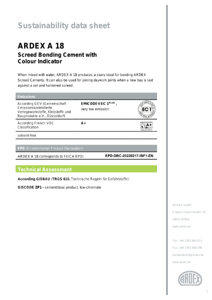 ARDEX A 18 Sustainability Data Sheet