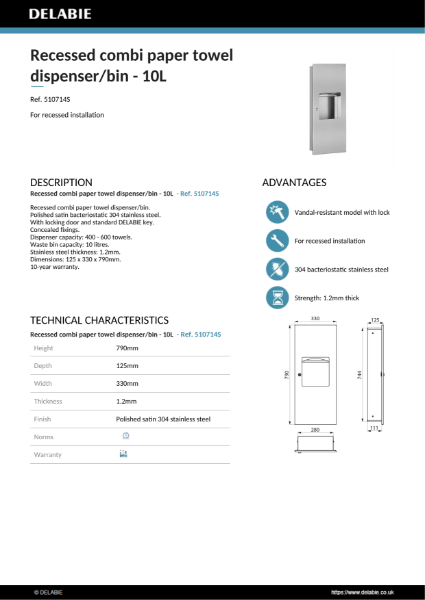 Recessed combi paper towel dispenser/bin - 10L
Ref. 510714S Product Data Sheet