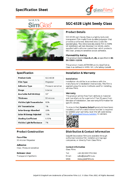 SGC-6528 Light Seedy Glass Specification Sheet