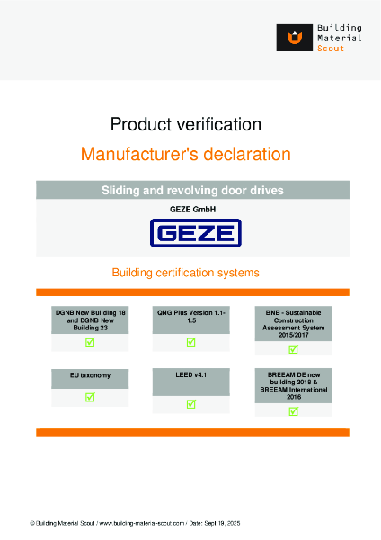 Sliding and Revolving Door Drives Manufacturer's Declaration
