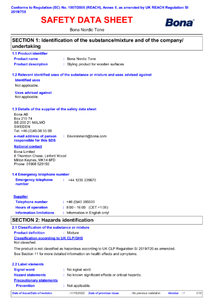 Bona Nordic Tone - Safety Data Sheet