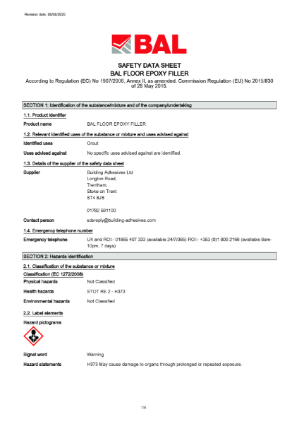 BAL Floor Epoxy (Filler) - Material Safety Datasheet