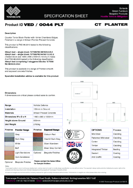 Townscape 1490x990x1000 HVM Concrete Planter Specification Sheet VED0044PLT