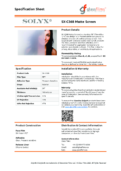 SX-C368 Matte Screen Window Film - Product Data Sheet