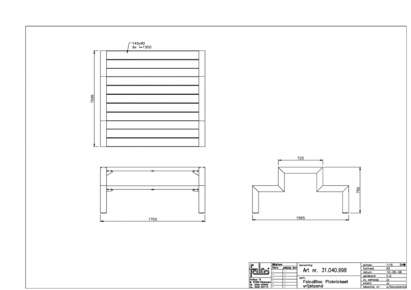 FalcoBloc Picnic Table Open Design - Drawing