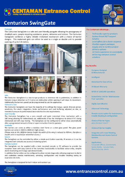 Centurion SwingGate Product data sheet.