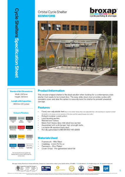 Orbital Cycle Shelter Specification Sheet