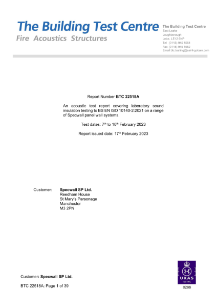 Specwall - The Building Test Centre - Acoustic Test Report - BS EN ISO 10140