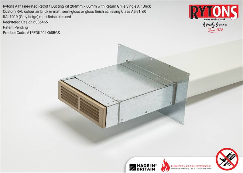 Rytons A1® Fire-rated Retrofit Ducting Kit 204mm x 60mm with Single Air Brick