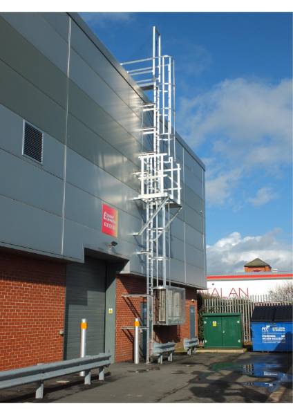 Fixed utilitarian access system, permanently-fixed vertical ladder system, multi-stage with mid-height platform and anti-climb guard