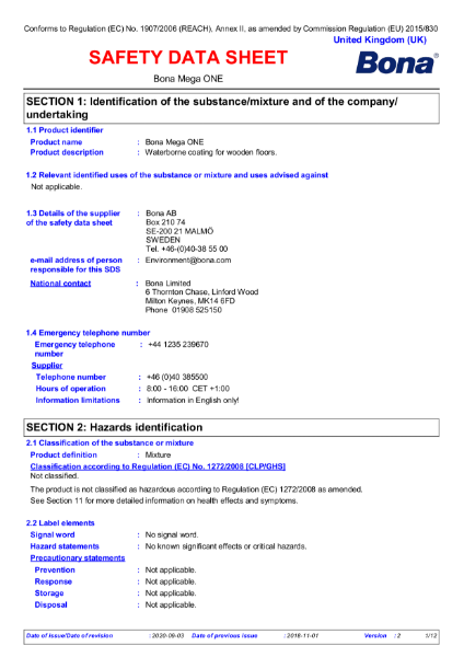 Bona Mega One - Safety Data Sheet | Bona Limited | NBS Source