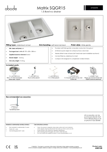 AW3129 (White Granite. 1.5 Bowl, No Drainer)  - Consumer Specification