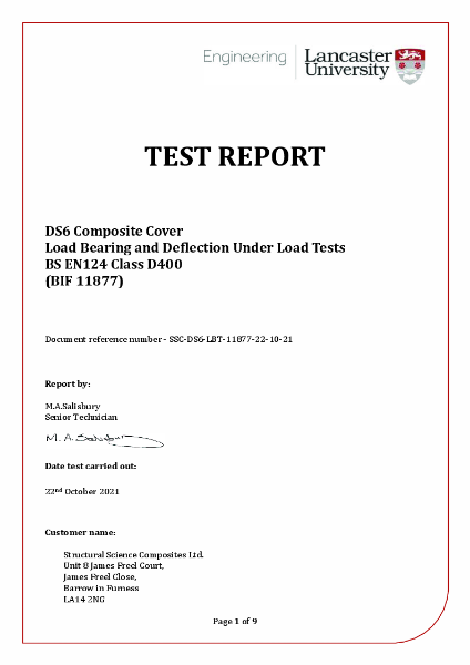 Thrubeam DS6 Load Bearing and Deflection Under Load Tests
BS EN124 Class D400