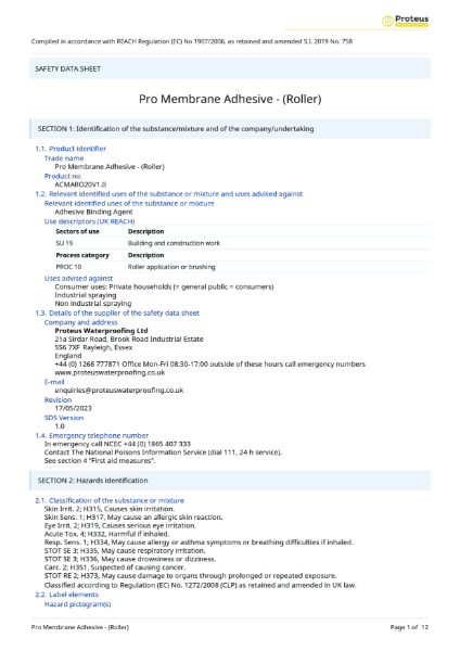 Safety Data Sheet - Pro-Membrane Adhesive