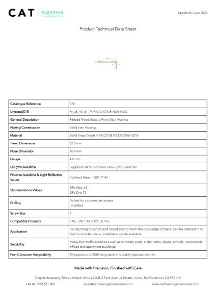 BN1 Polished Brass Technical Datasheet