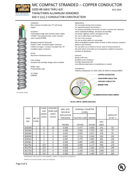 MC THHN/THWN Large Sizes 8 to 4/0 600 Volts