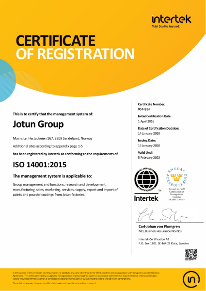 Jotun Paints ISO 14001 accreditation