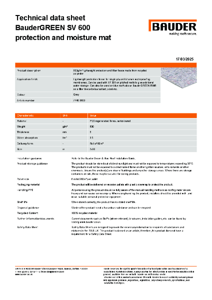 BauderGREEN SV 600 - Technical Data Sheet