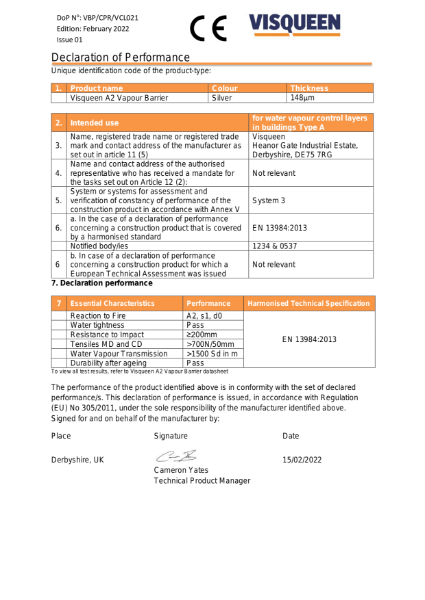 VCL CE Visqueen A2 Vapour Barrier Declaration of Performance