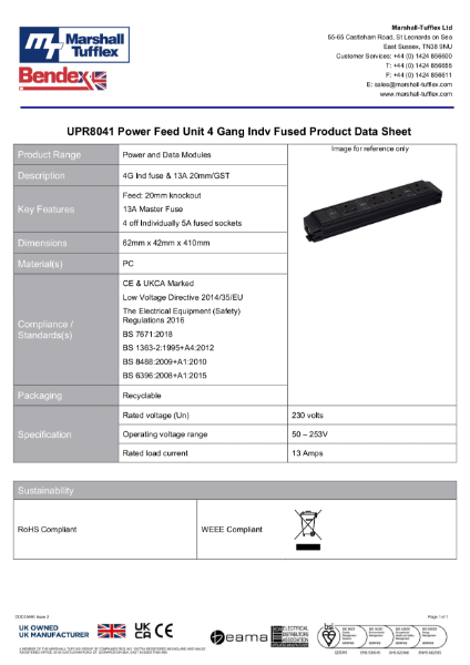UPR8041 Power Feed Unit 4 Gang Indv Fused Product Data Sheet