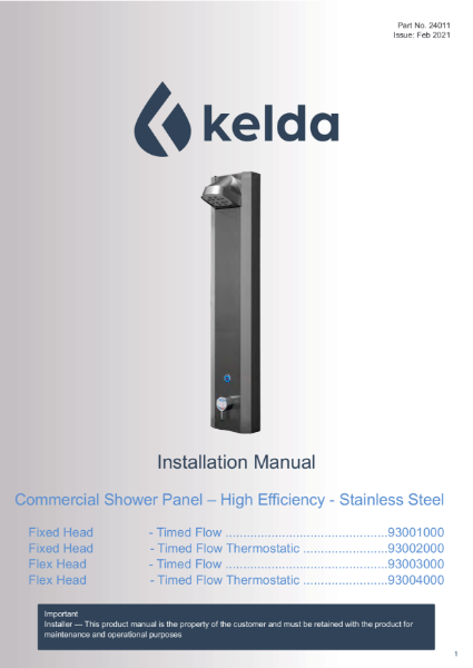 Kelda Showers - Installation Manual - Commercial Shower Panel