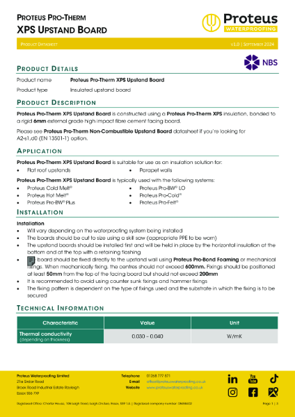 Product Data Sheet - Proteus Pro-Therm XPS Upstand Board