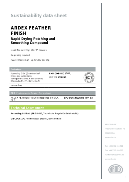 ARDEX FEATHER FINISH Sustainability Data Sheet